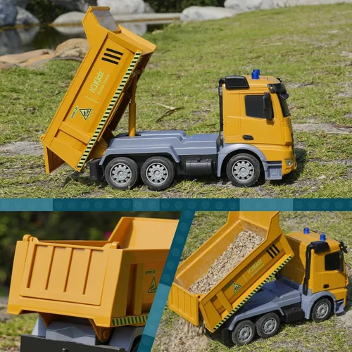 Miniatura 4 de IQKidz Camión volquete de juguete a control remoto – Vehículos de construcción RC con luces de advertencia azules, camiones de juguete para niños