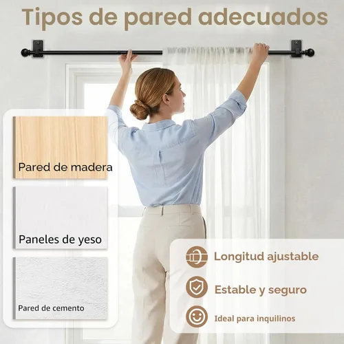 Miniatura 7 de Barra de cortina sin taladrar con sistema de montaje adhesivo y clavo – Apto para inquilinos y daños mínimos en la pared, barra ajustable de 5/8