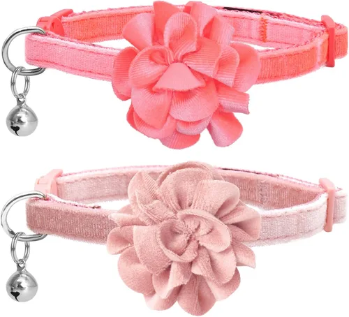 Miniatura 9 de azuza Paquete de 2 collares de gato floral con campana y corbatín de flores extraíble, ajustable, tela de terciopelo para mascotas, decoración