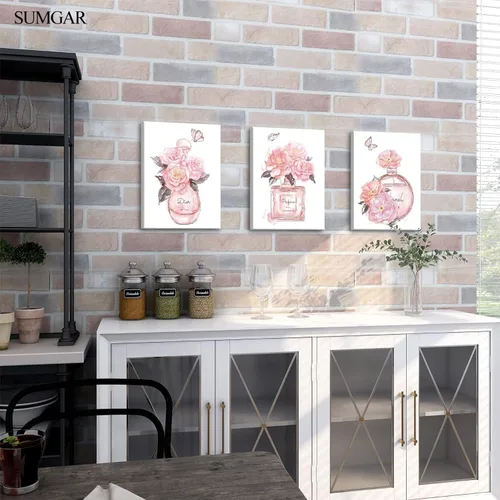 Miniatura 7 de SUMGAR Arte de pared rosa para dormitorio de niñas, decoración de pared de perfume de moda, flores, mariposas, cuadros de lienzo con marco gris