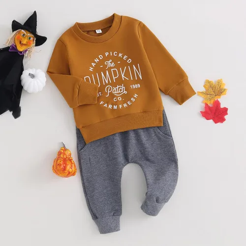 Miniatura 9 de Adobabirl Conjunto de sudadera y pantalones de Halloween para bebé, sudadera y pantalones con parche de calabaza para Halloween, otoño, ropa de bebé