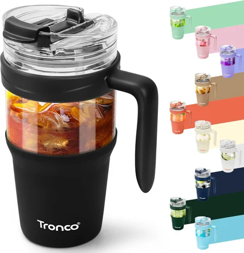 Miniatura 21 de Tronco Vaso de vidrio de 32 onzas con popote y tapa, tapa con popote 2 en 1 a prueba de fugas, botellas de agua de vidrio con asa, apto para Rosa
