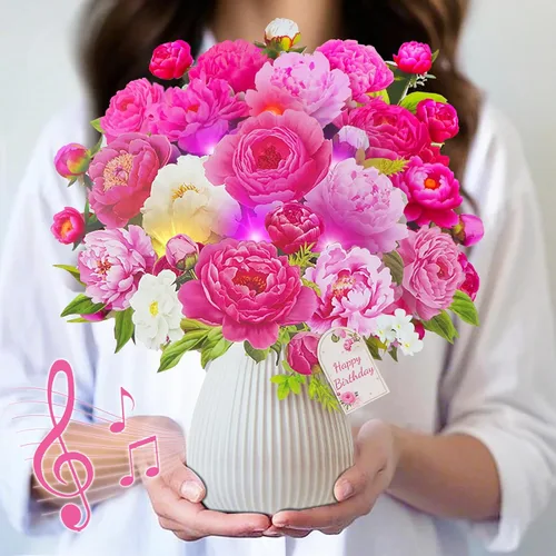 Miniatura 14 de MZD8391 Tarjetas de cumpleaños con música y luces, tarjeta de feliz cumpleaños, oso y margarita, ramo de flores de tamaño natural de 10 pulgadas