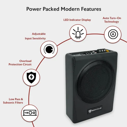 Miniatura 6 de Rockville Subwoofer delgado bajo el asiento amplificador integrado, carcasa de aluminio, control remoto, perfecto para audio de coche/camión