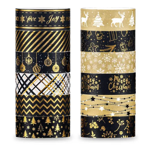 Miniatura 11 de Whaline Juego de 12 rollos de cinta washi con patrón de lámina dorada, cinta adhesiva con corazón, punto, raya arcoíris, juego de cintas decorativas
