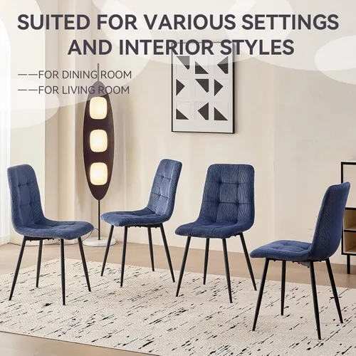Miniatura 7 de Juego de 4 sillas de comedor de pana, modernas sillas de cocina tapizadas de tela con patas de metal, almohadillas ajustables, color azul