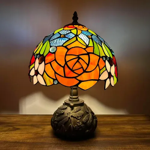 Miniatura 4 de Tiffany - Lámpara de mesa con diseño de flores, color rojo, naranja y azul, incluye base de libélula para sala de estar, dormitorio, mesita
