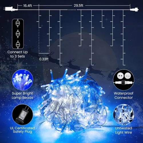 Miniatura 7 de Toodour Luces de Carámbano de Navidad Blancas y Azules, 29.5 pies, 360 Luces LED de Carámbano, 8 Modos, 60 Gotas, Luz LED de Navidad para Cortina