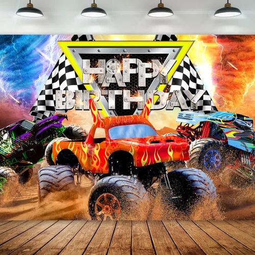 Newsely Suministros de fiesta de cumpleaños con temática de camión Telón de fondo 7 pies de ancho x 5 pies de alto Monster Boys Kids Feliz 03Truck