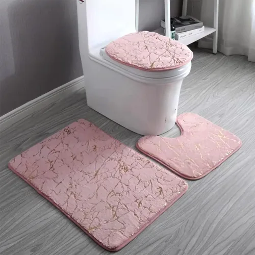 Miniatura 9 de Juego de 3 alfombras y tapetes de baño antideslizantes de mármol negro dorado, suave, lavable, absorbente de agua, con contorno en forma de U y tapa