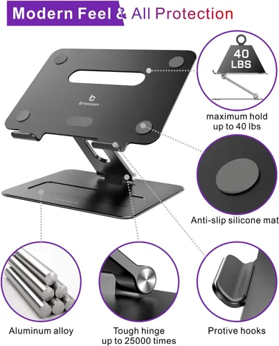 Miniatura 3 de Soporte ajustable para computadora portátil MacBook para escritorio Elevador ergonómico de aluminio para laptop con ventilación térmica, Negro