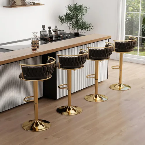 Miniatura 38 de Juego de 2 taburetes de bar giratorios de 360°, silla de bar de terciopelo ajustable a altura de mostrador moderna, taburete de metal plateado