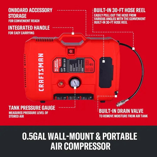 Miniatura 4 de CRAFTSMAN Compresor de aire de montaje en pared con kit de accesorios de 8 piezas, inflador de neumáticos, compresor de aire portátil y silencioso
