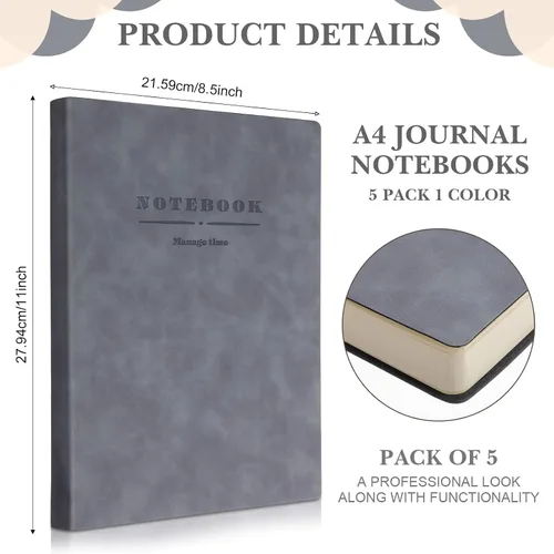 Miniatura 2 de SATINIOR - Paquete de 5 cuadernos A4 grandes, diario de 360 páginas, tapa dura de cuero suave, cuadernos con papel grueso rayado para escribir, Gris