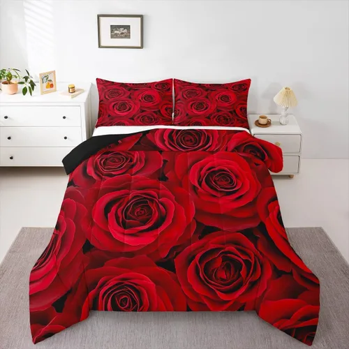 Miniatura 10 de Juego de edredón de rosas rojas, tamaño individual, juego de ropa de cama floral rojo degradado negro para niñas, mujeres, niños, adolescentes