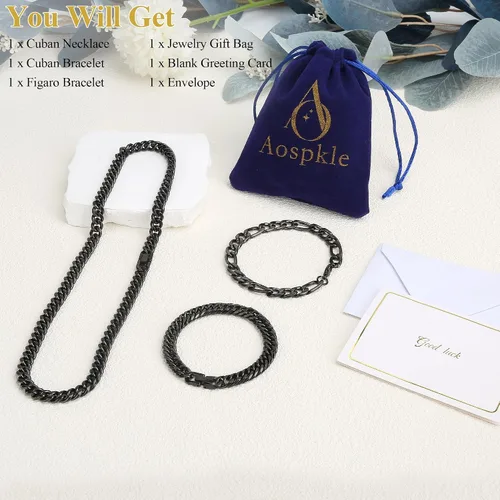 Miniatura 4 de Collar de pulsera Figaro de eslabones cubanos de 3 piezas, plata dorada y negra, resistente acero inoxidable 316L, cadena Figaro de eslabones