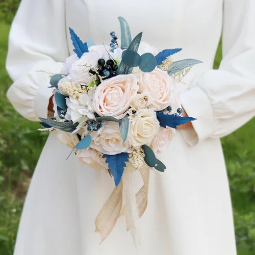Ramos de boda de color azul polvoriento para novia, dama de honor, flores artificiales, ramo de novia para rústico, francés, vintage, formal, boda,