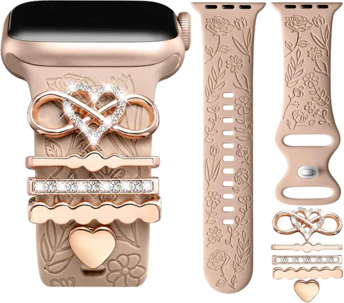 Miniatura 19 de DaQin Banda con Flor Grabada Compatible con Apple Watch, Bandas de 44mm, 42mm, 45mm, 46mm para Mujeres, Correa de Silicona Suave con Decoración