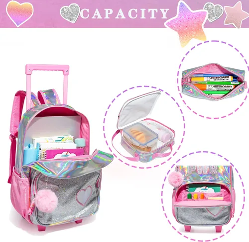 Miniatura 5 de HTgroce Mochila con ruedas para niñas, mochila escolar con ruedas, bolsa escolar con bolsa de almuerzo y bolsa para lápices, mochila con ruedas