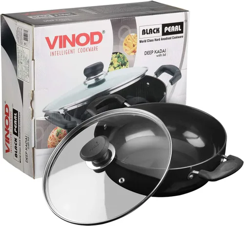 Miniatura 8 de Vinod Black Pearl - Kadhai profundo anodizado duro con tapa de vidrio – Negro – 3.1 litros (3.2 cuartos de galón) – 9.4 in – Asas remachadas – Olla