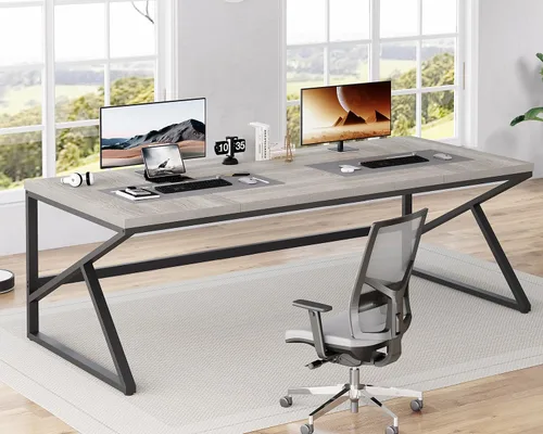 Miniatura 18 de HSH Escritorio Largo de 70 Pulgadas Negro, Escritorio Grande de Metal y Madera para 2 Monitores, Escritorio Moderno para Computadora de Oficina