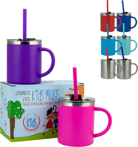 Miniatura 10 de Real Deal Steel "Keep it Real Kids Mugs - Taza de café para niños 100% sin plomo y BPA para chocolate caliente - Juego de 2 Azul océano/azul turquesa