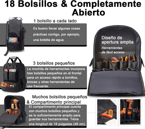 Miniatura 5 de Mochila de herramientas para hombres de 18 pulgadas resistente al agua de servicio pesado con múltiples bolsillos, organizador de bolsa