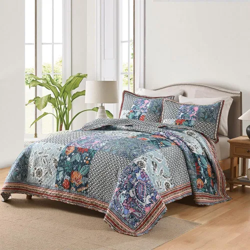 Miniatura 13 de VISIMISI - Juego de colcha de algodón, juego de cubrecama reversible de retazos, 3 piezas, diseño vintage floral de mosaico azul, tamaño queen