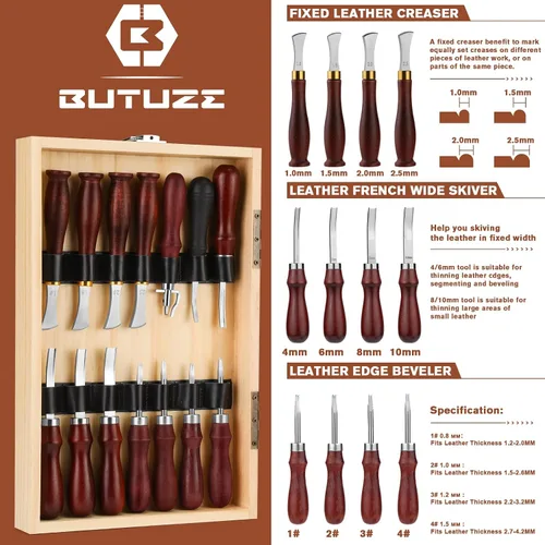 Miniatura 3 de BUTUZE Kit de trabajo de cuero, kit de herramientas de cuero en caja, kit de herramientas de artesanía de cuero, corte, perforación, tallado, kit