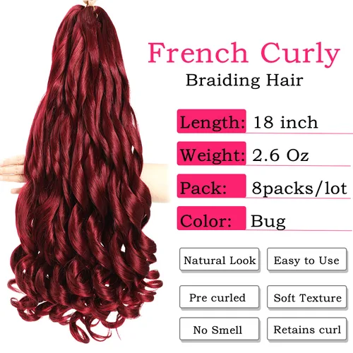 Miniatura 2 de Cabello Rizado Francés para Trenzar de 18 Pulgadas, 8 Paquetes Color Borgoña - Cabello para Trenzar Pre-Estirado con Rebote - Extensiones de Cabello