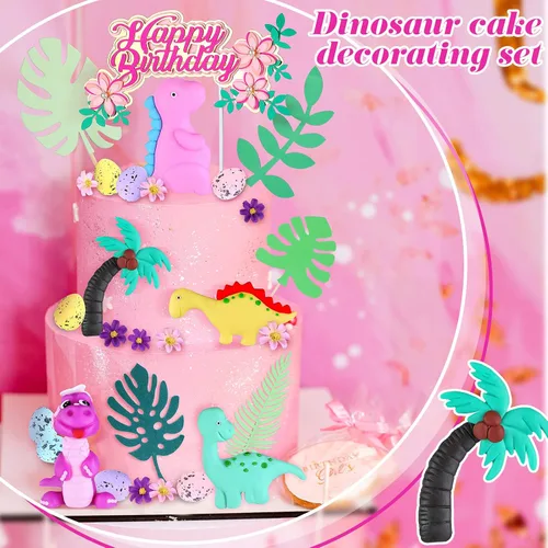 Miniatura 6 de 35 piezas de decoración de pastel de dinosaurio con hojas de macaron modelo rosa para niñas, decoración de pastel de dinosaurio para fiesta