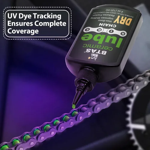 Miniatura 7 de BTAS Lubricante de Cadena de Bicicleta en Seco Cerámico 4 oz - Tinte Trazador UV - Aceite Lubricante para Bicicleta de Carretera y Montaña