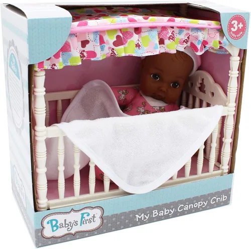 Baby's First Cuna afroamericana con dosel con muñeca de cuerpo suave de 9 pulgadas y manta de bebé, segura para niños de 3 años en adelante