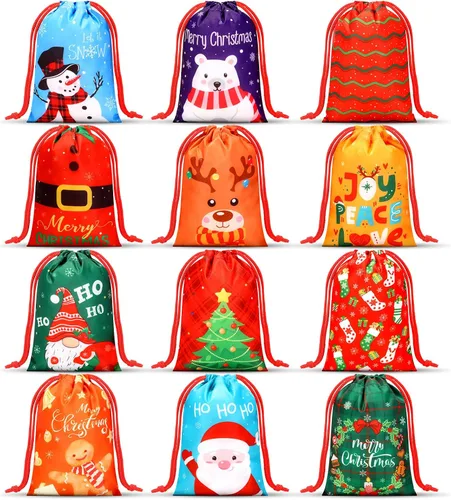 Miniatura 8 de Xuniea 12 bolsas de recuerdos de fiesta de Navidad para niños, mochila con cordón de Papá Noel, golosinas de Papá Noel, bolsas de regalo, regalos