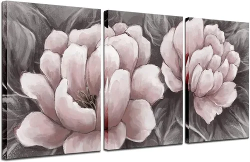 Biuteawal Lienzo de flores para pared, arte abstracto de color rosa y gris, elegante pintura floral, imágenes de naturaleza muerta para el hogar,