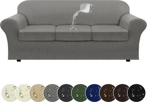 Miniatura 27 de Funda impermeable para silla con brazos, juego de 2 piezas, funda a rayas para 1 sofá separado con cojín en T, fundas de sillón de tela