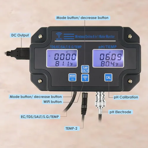 Miniatura 4 de Monitor EC pH para Hidroponía, Probador de Calidad de Agua 6 en 1 con Wi-Fi, Medidor Probador de pH, Monitor Continuo de pH PPM EC CF Humedad