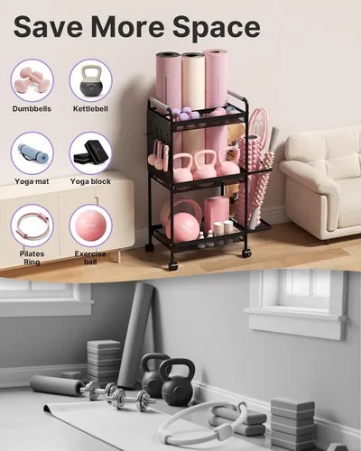 Miniatura 4 de YOTTOY Estante de almacenamiento de gimnasio de 3 niveles para gimnasio en casa, estante de pesas multifuncional, soporte para mancuernas, soporte
