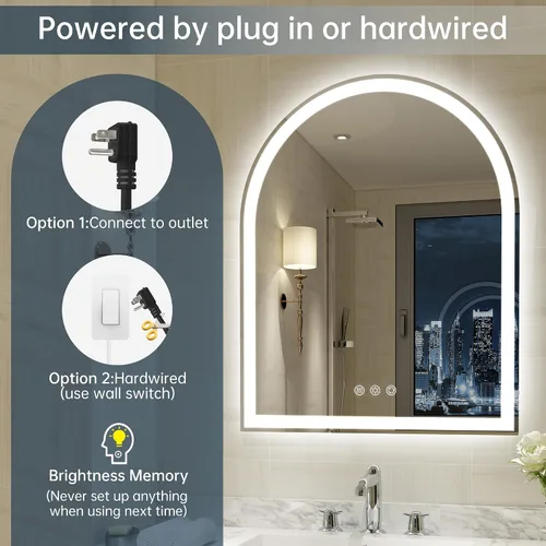 Miniatura 8 de Espejo LED arqueado para baño de 24 x 30 pulgadas, espejo de baño LED sin marco con luces, sin niebla, regulable, 3 cambios de color, inastillable