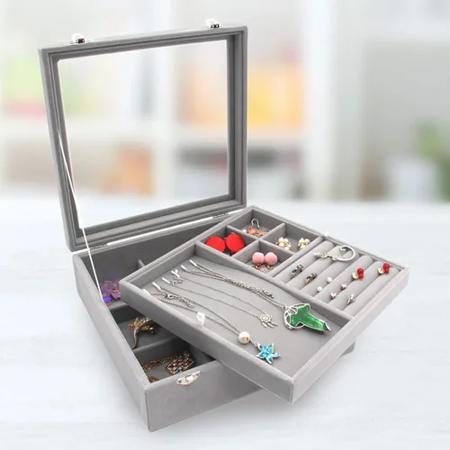 Miniatura 8 de KLOUD City Joyero con tapa de vidrio Caja de joyería de dos capas Organizador Display Storage Case (gris)