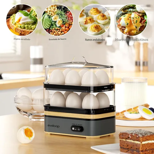 Miniatura 5 de Evoloop Olla rápida de huevos eléctrica con capacidad para 12 huevos, para huevos suaves, medianos, duros, escalfados, fabricante de tortilla, Gris