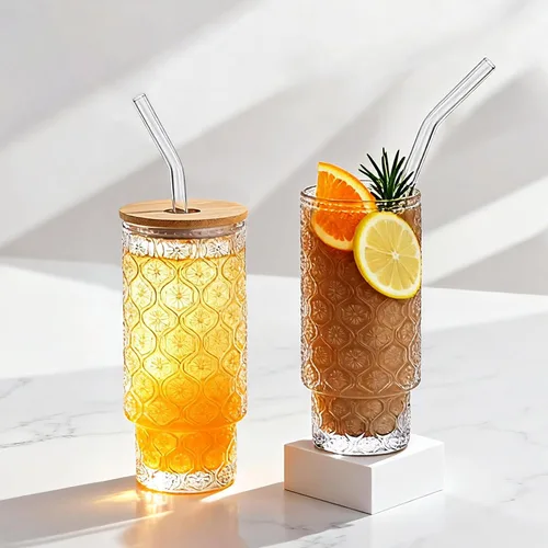Miniatura 6 de Vasos de vidrio vintage con tapas y pajitas de bambú de 16 onzas, vaso vintage en relieve floral tazas de vidrio para whisky, cerveza, tazas de café