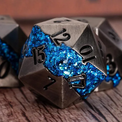 Miniatura 4 de Dados poliédricos DND de metal, juego de dados metálicos con purpurina a rayas grandes, juego de 7 dados plateados antiguos para juegos de rol