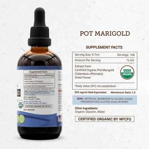 Miniatura 4 de Secrets of the Tribe Pot Marigold USDA Organic Extracto sin alcohol, gotas de hierbas de alta potencia Hecho de caléndula orgánica 100%