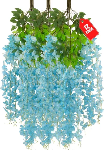Miniatura 42 de Paquete de 12 flores colgantes de glicina rosa, flores colgantes falsas de 3.44 pies, guirnalda de glicina artificial para decoración de boda, telón