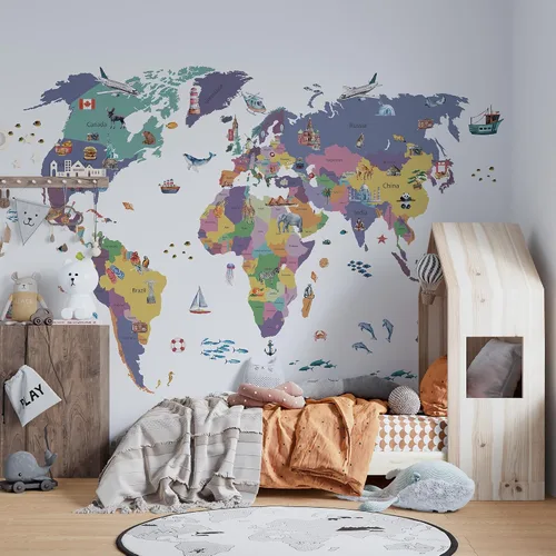 Miniatura 6 de Papel tapiz para habitación de niños, espacio de astronauta, mural de mapa gigante del mundo con países, papel tapiz para guardería, despegar