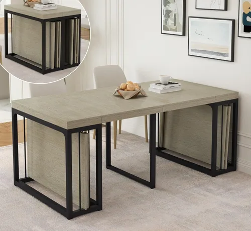 Miniatura 9 de KEIKI Mesa de comedor plegable extensible de 23.62 a 118 pulgadas de largo para 2 a 10 personas, muebles de madera moderna y rústica rectangular