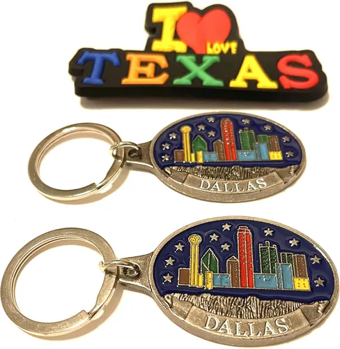 Juego de 2 llaveros de recuerdo de Texas con imán para nevera con texto en inglés "I Love Texas", Diseño de horizonte de Dallas, Mediana