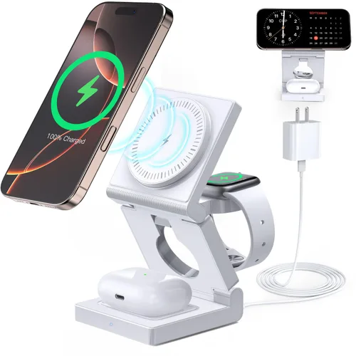 Miniatura 10 de Estación de carga inalámbrica 3 en 1 para múltiples dispositivos Apple - Cargador inalámbrico magnético plegable para viajes - Cargador de 18W