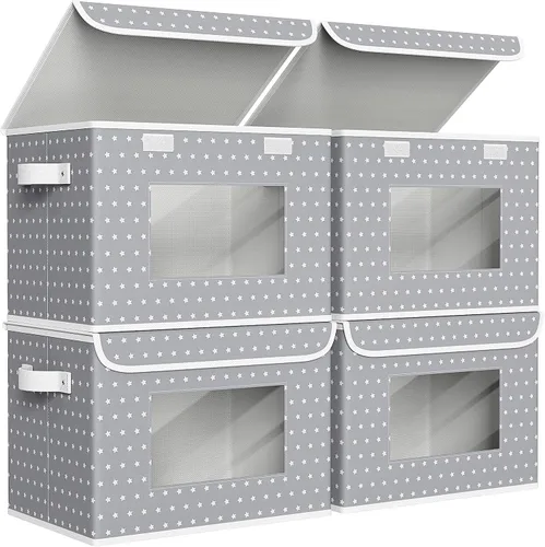 Miniatura 14 de Univivi Cajas de almacenamiento plegables de tela con tapas para ropa, [paquete de 3] cajas organizadoras de armario con asas para el hogar, Beige